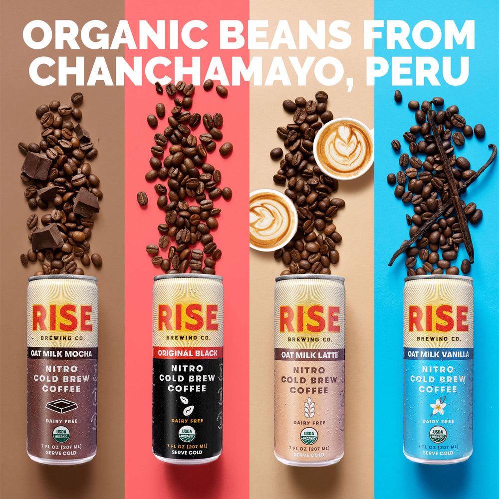 RISE Oat Milk Mocha Nitro Cold Brew can, creamy, dairy-free indulgence with chocolate notes.