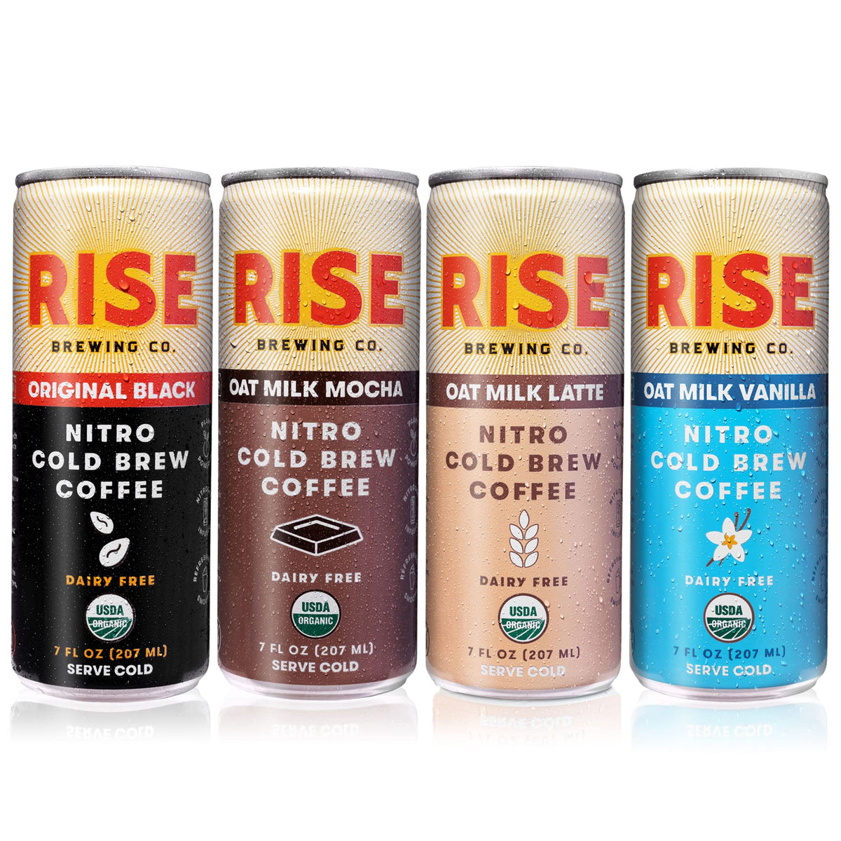 RISE Original Black Nitro Cold Brew can, bold and smooth, ready-to-go caffeine on the move.
