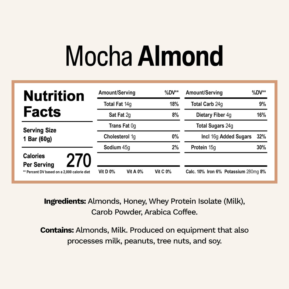 Rise Mocha Almond bar close-up showing texture and natural ingredients.