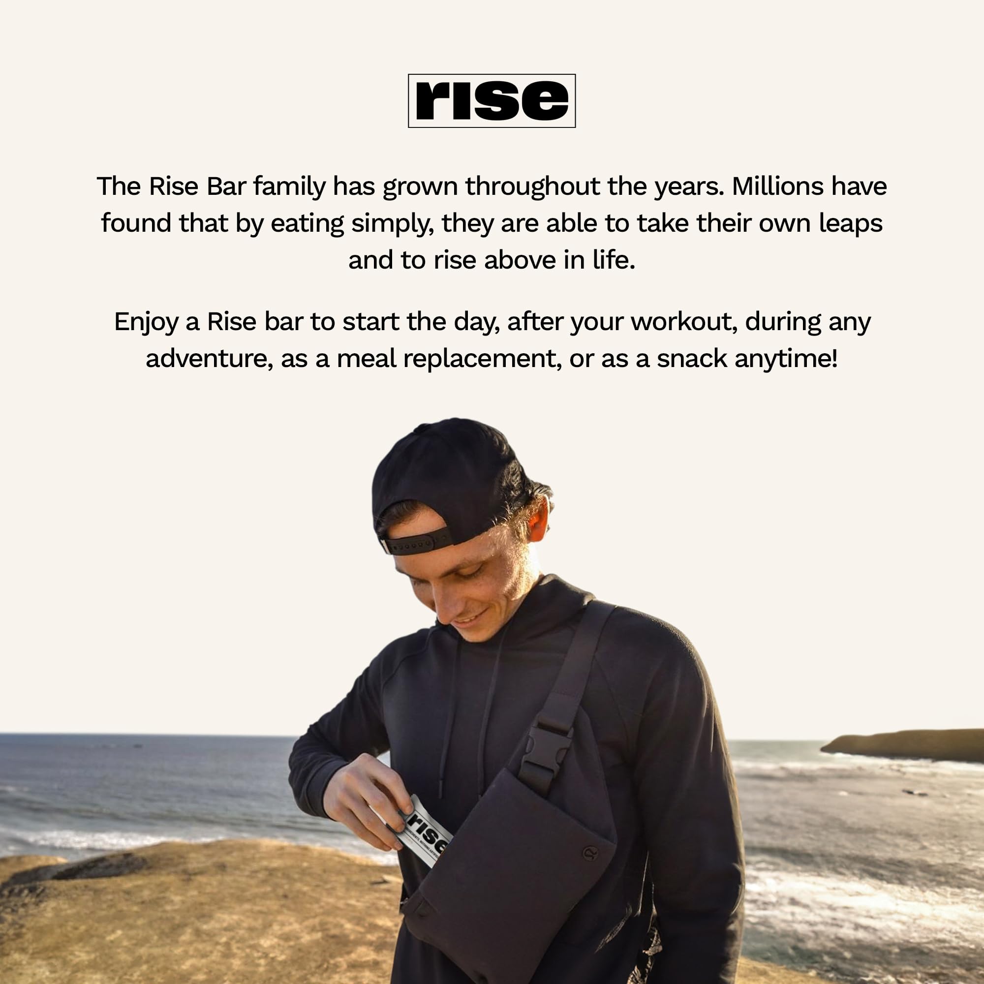 Rise Mocha Almond bar with coffee pairing for afternoon lift.