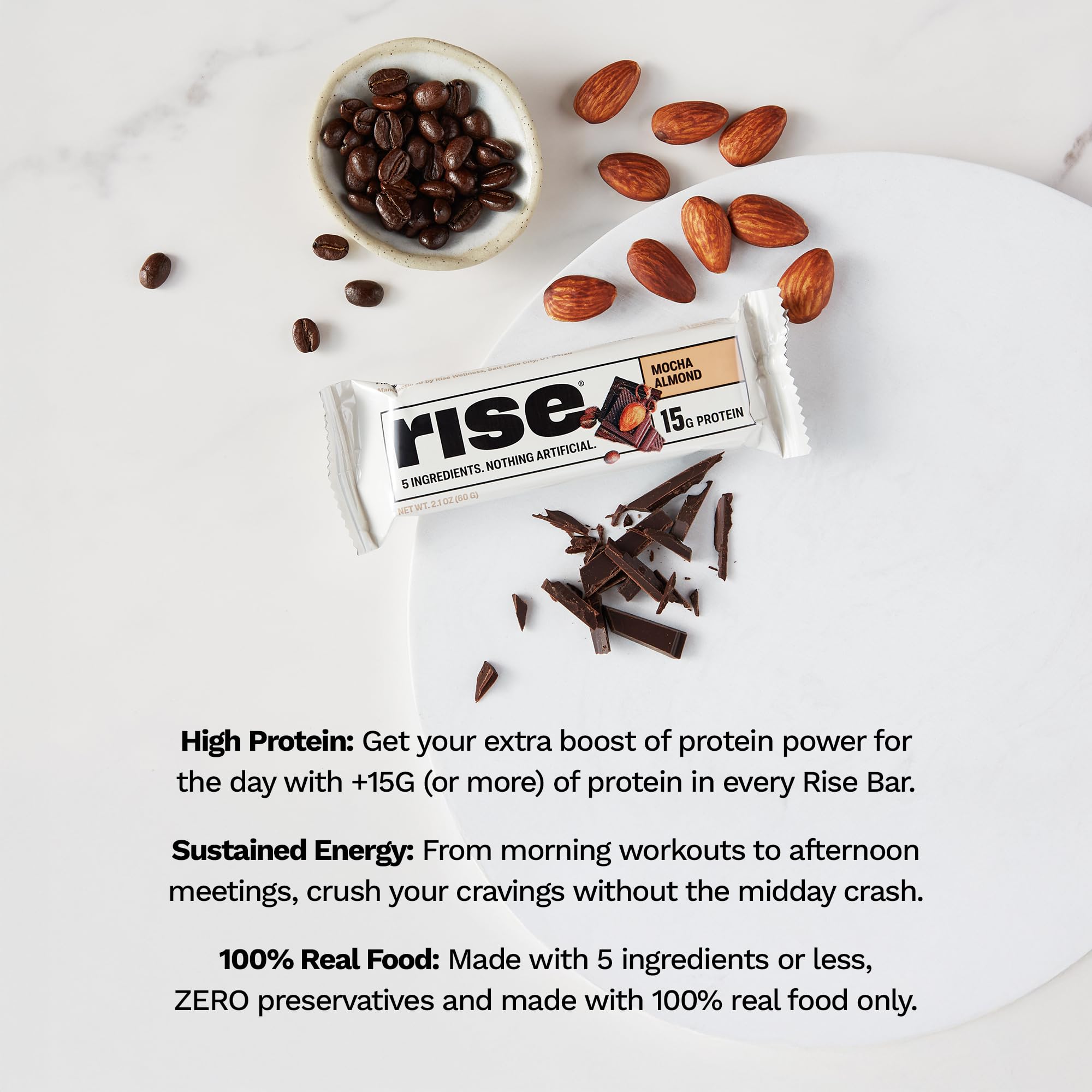 Rise Mocha Almond ingredients close-up highlighting five whole-food ingredients.