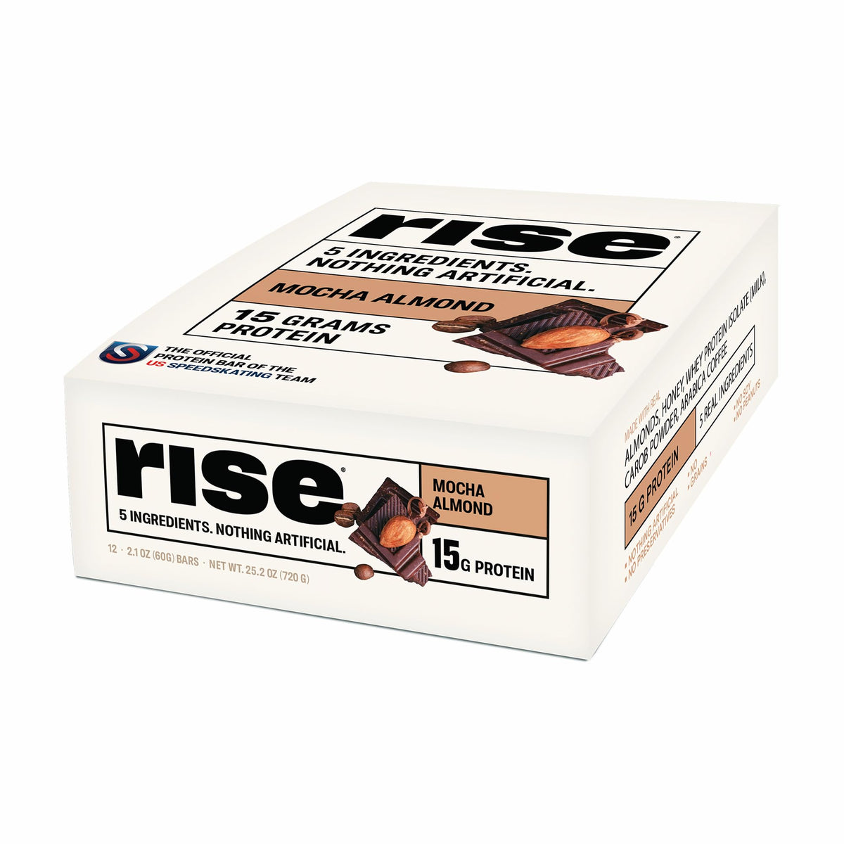 Rise Mocha Almond protein bar packshot highlighting a quick high-protein breakfast.