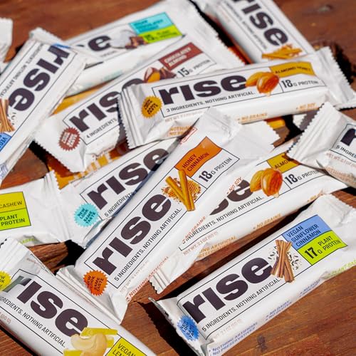Rise Mocha Almond snack beside smoothie for quick nutrition.
