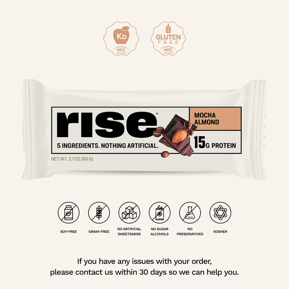 Rise Mocha Almond bar wrapped for on-the-go energy.