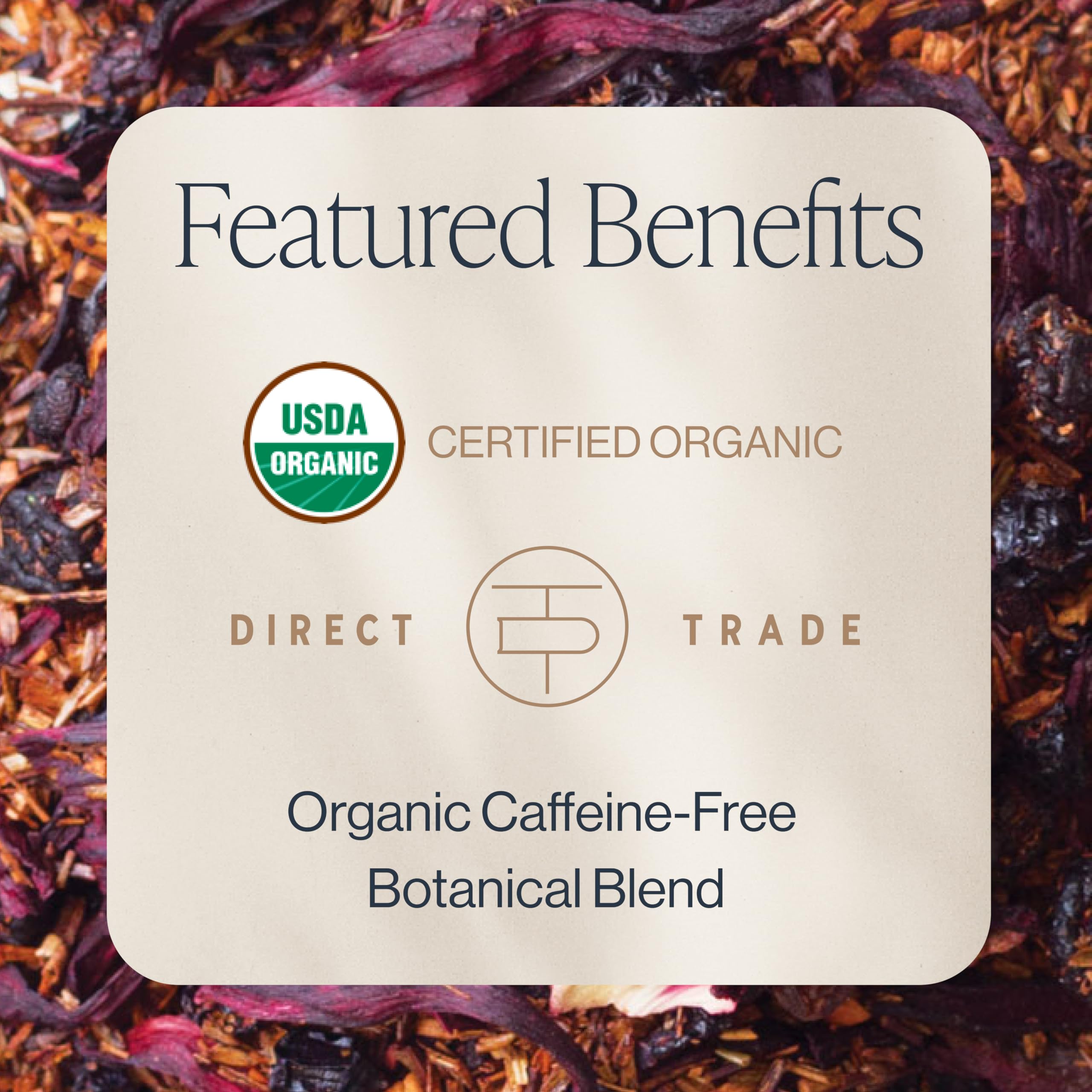 Rishi Blueberry Rooibos blend with elderberries and hibiscus creating bright aroma.