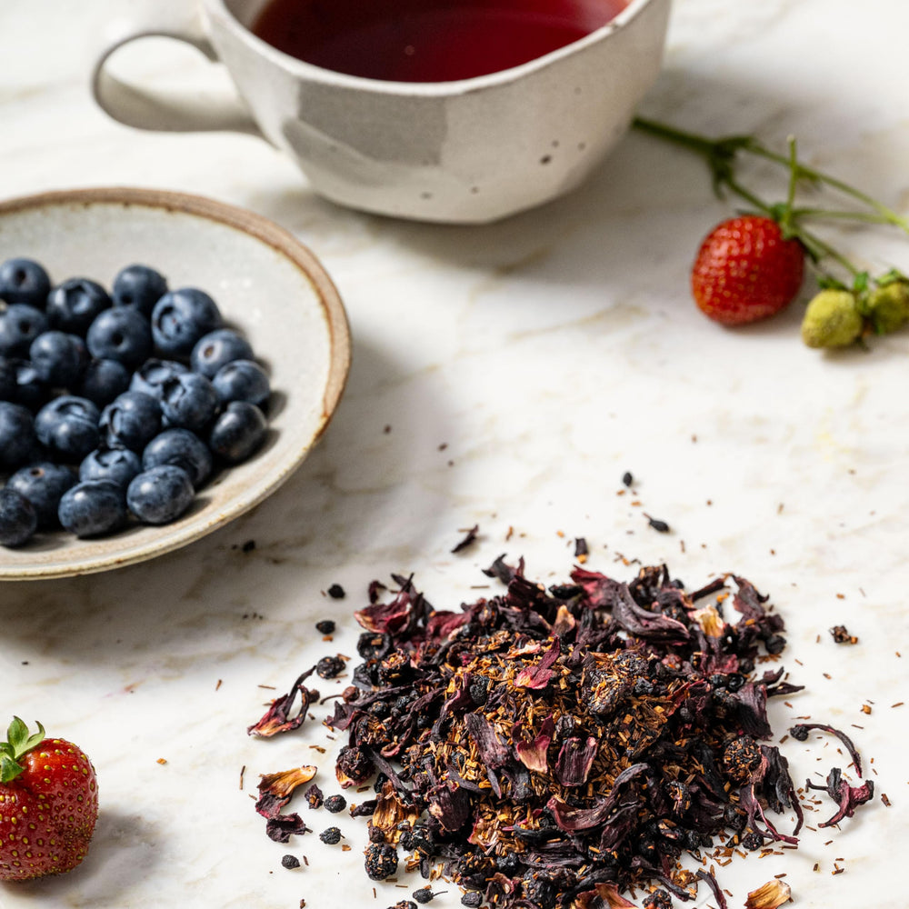Rishi Blueberry Rooibos organic, kosher, non-GMO certifications on label.