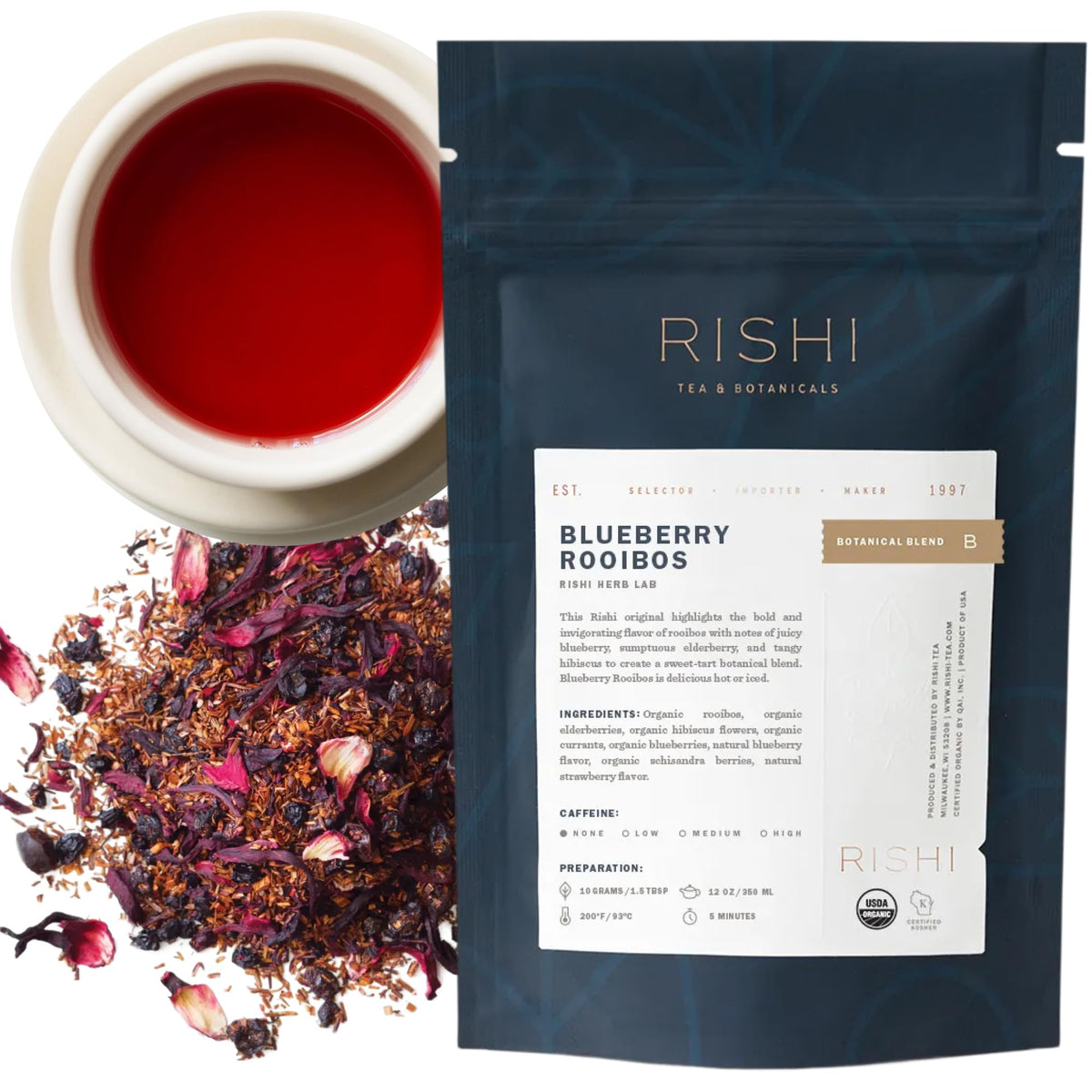 Rishi Blueberry Rooibos loose-leaf tea with amber brew and blueberries for a fruity caffeine-free sip.