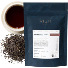 Rishi Tea China Breakfast Dian Hong leaves closeup for premium, smooth morning cup