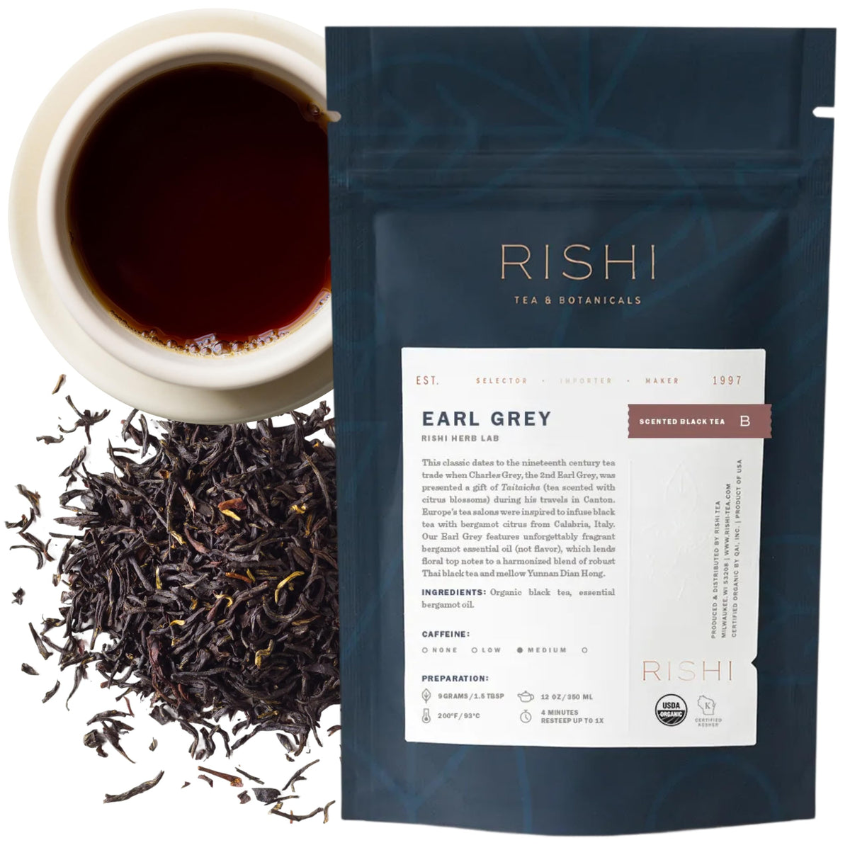 Rishi Earl Grey loose leaf tea with bergamot aroma, ideal for a daily ritual.
