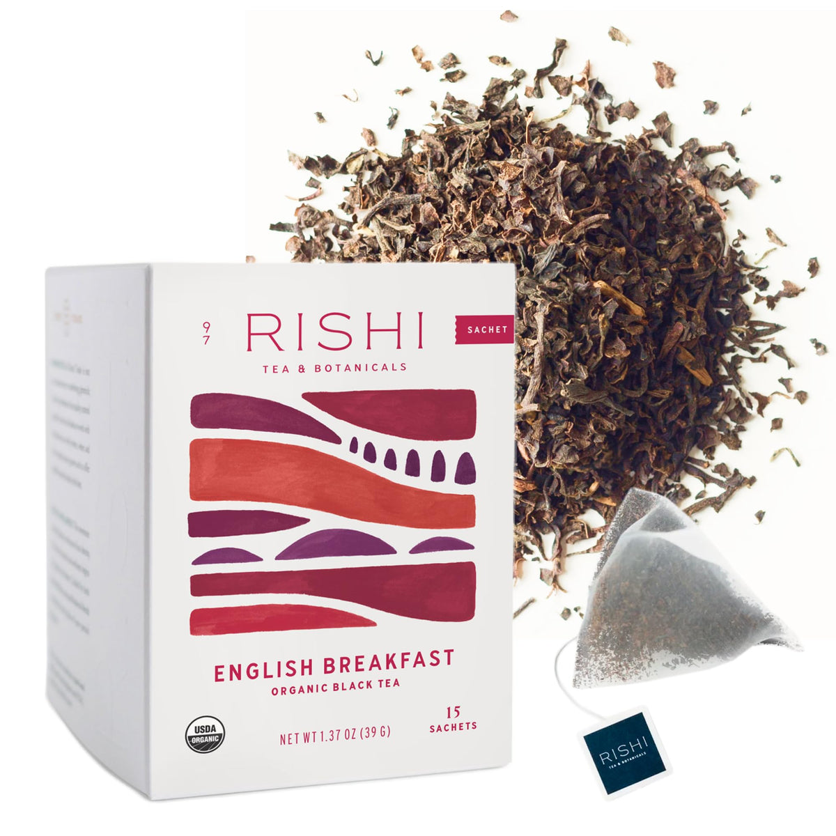 Rishi English Breakfast packaging shows the brand and bold organic blend for mornings