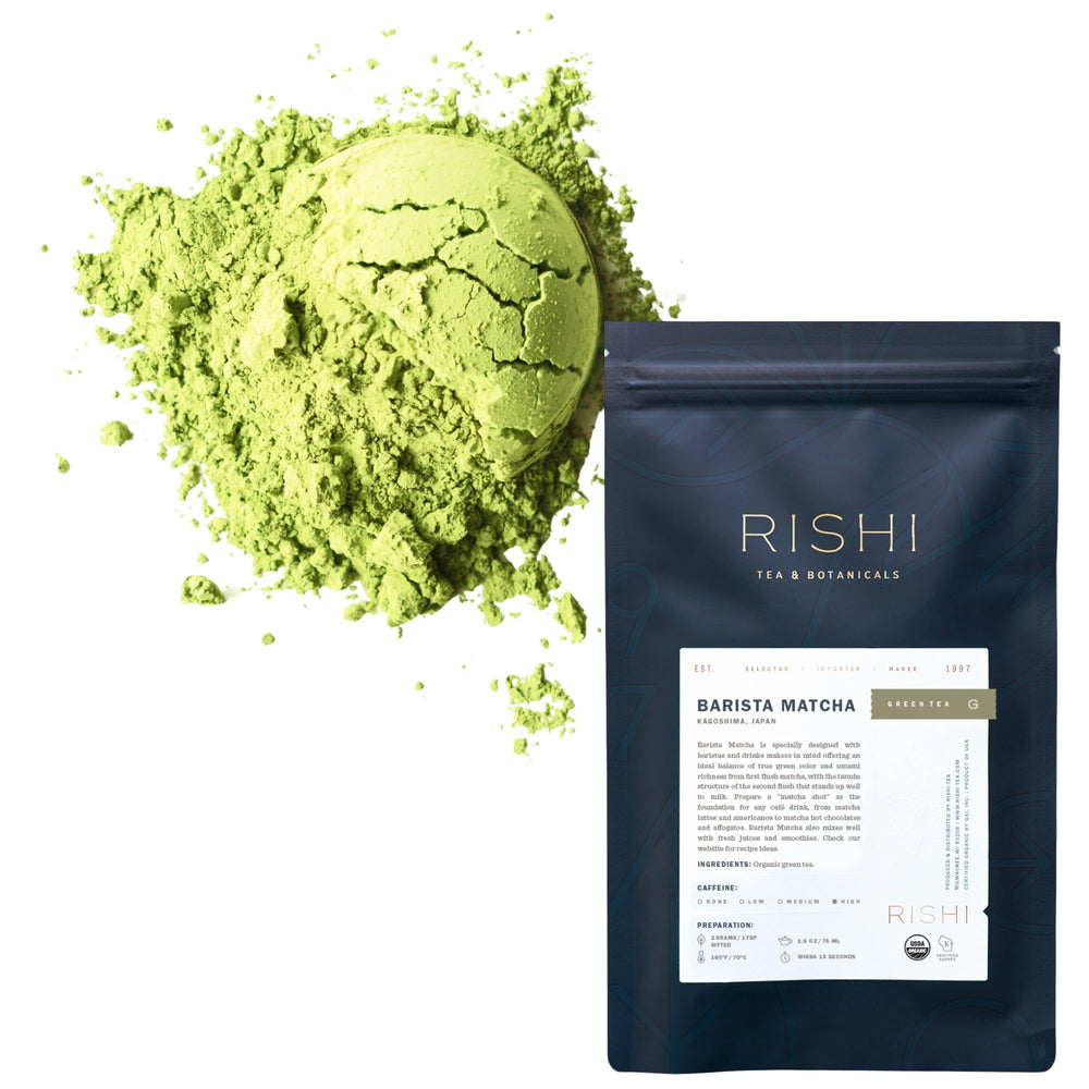 Rishi Tea Barista Matcha powder in a jar for cafe-style drinks