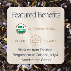 Rishi Tea bergamot-lavender blend with visible lavender flowers, offering calming floral aroma.