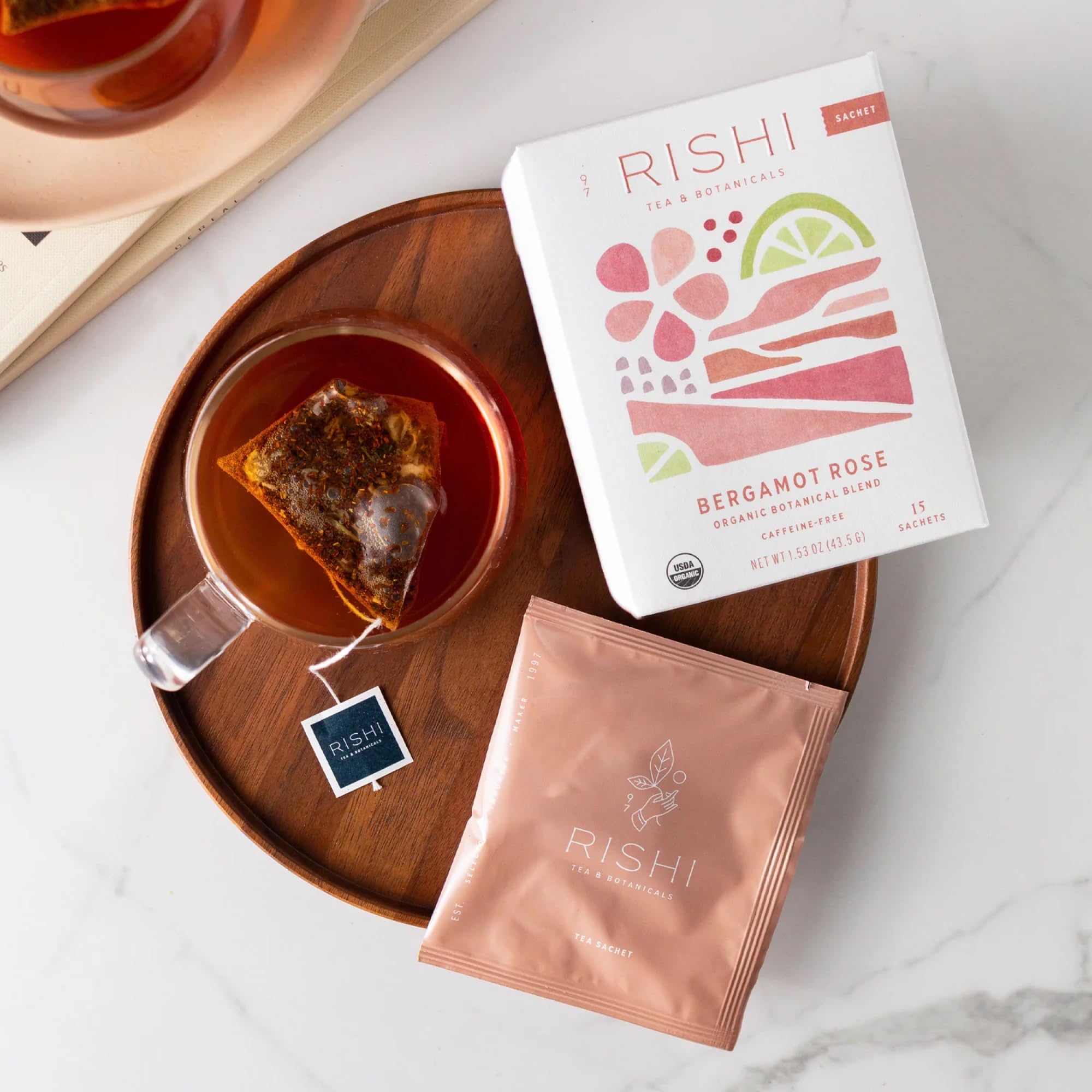 Rishi Tea Bergamot Rose aroma while steeping awakens citrus-rose mood