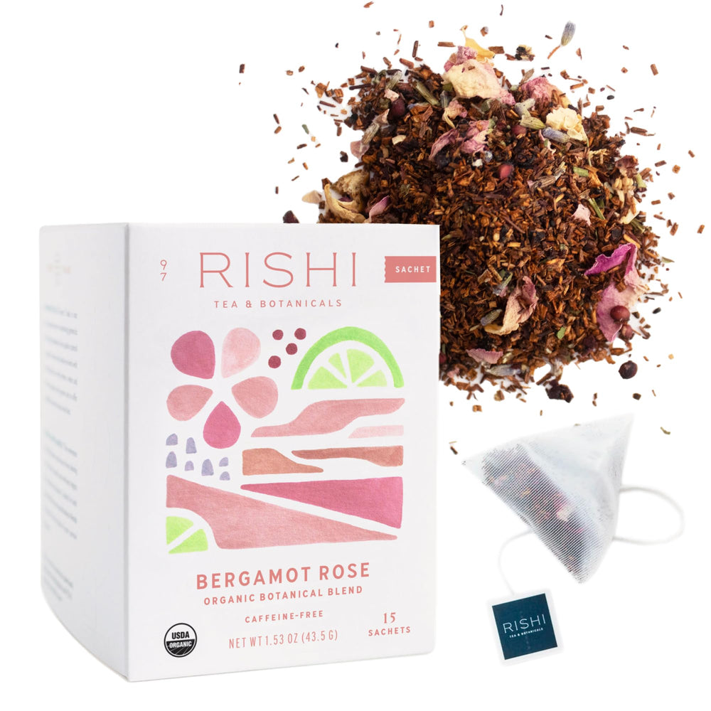 Rishi Tea Bergamot Rose Herbal Tea pack with calming citrus floral aroma