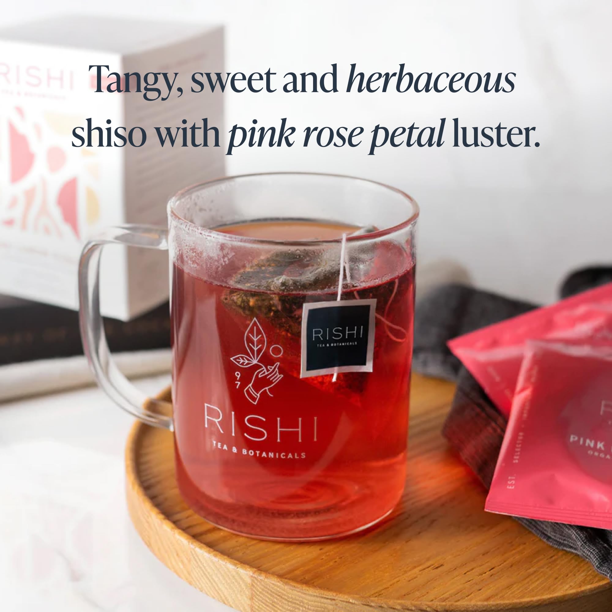 Rishi Tea biodegradable sachets packaging underscores sustainability and waste reduction.