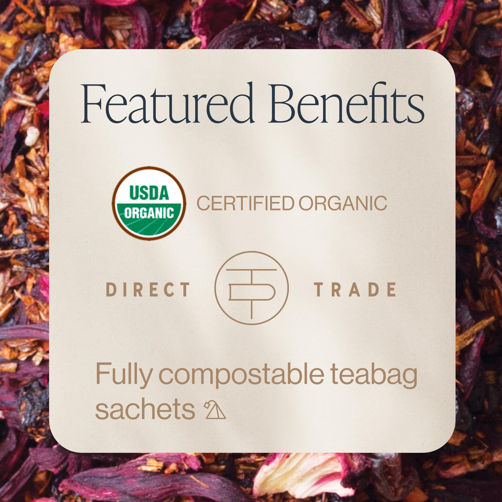 Rishi Tea Blueberry Hibiscus cup steep for hot or iced refreshment.