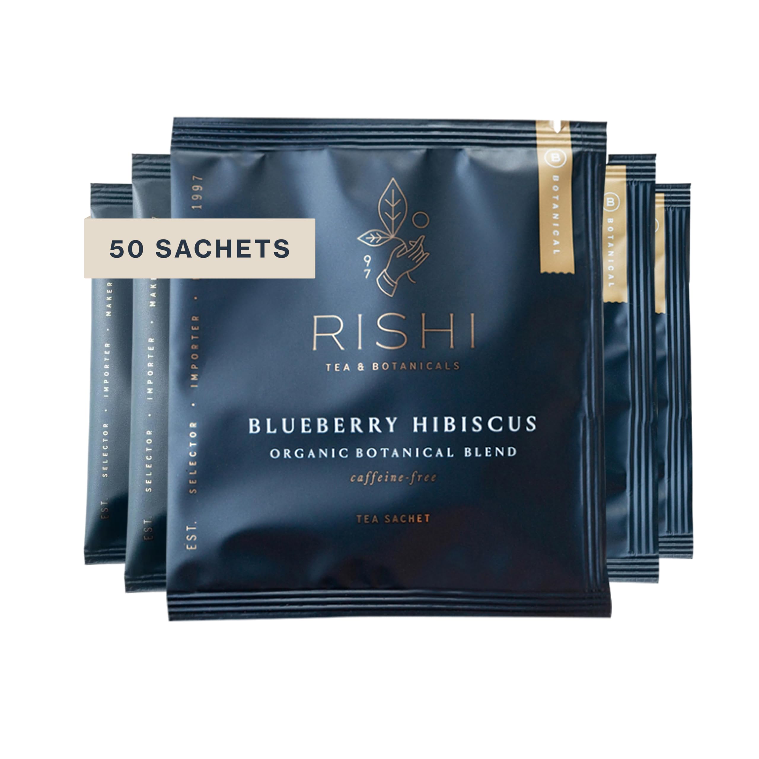 Rishi Tea Blueberry Hibiscus sachet bag for a tangy, antioxidant-rich cup.