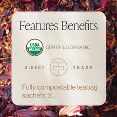 Close-up of Blueberry Hibiscus sachet highlighting vibrant organic blend.