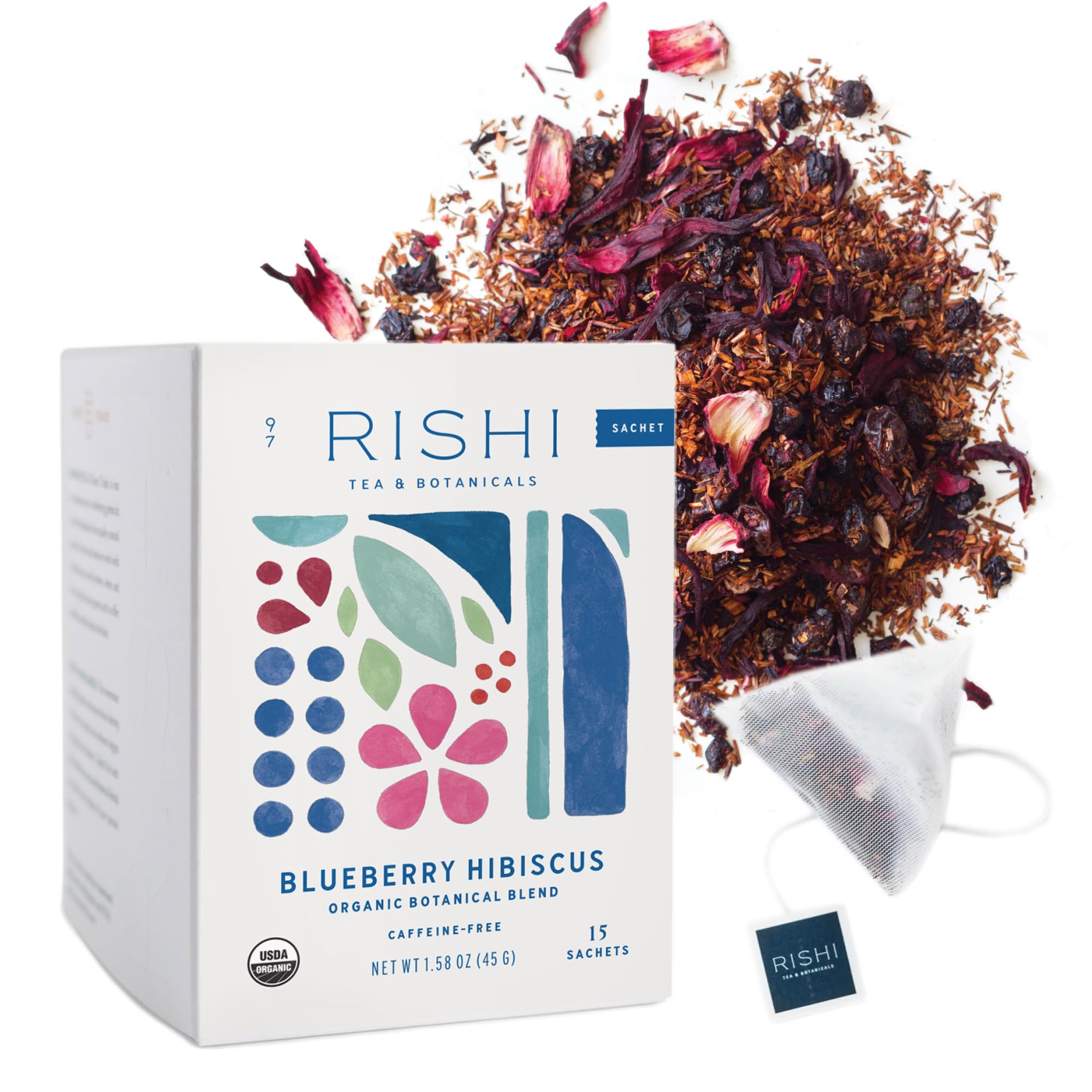 Rishi Tea Blueberry Hibiscus sachet pack ready to brew, organic and caffeine-free.