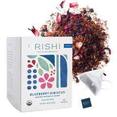 Rishi Tea Blueberry Hibiscus sachet pack ready to brew, organic and caffeine-free.