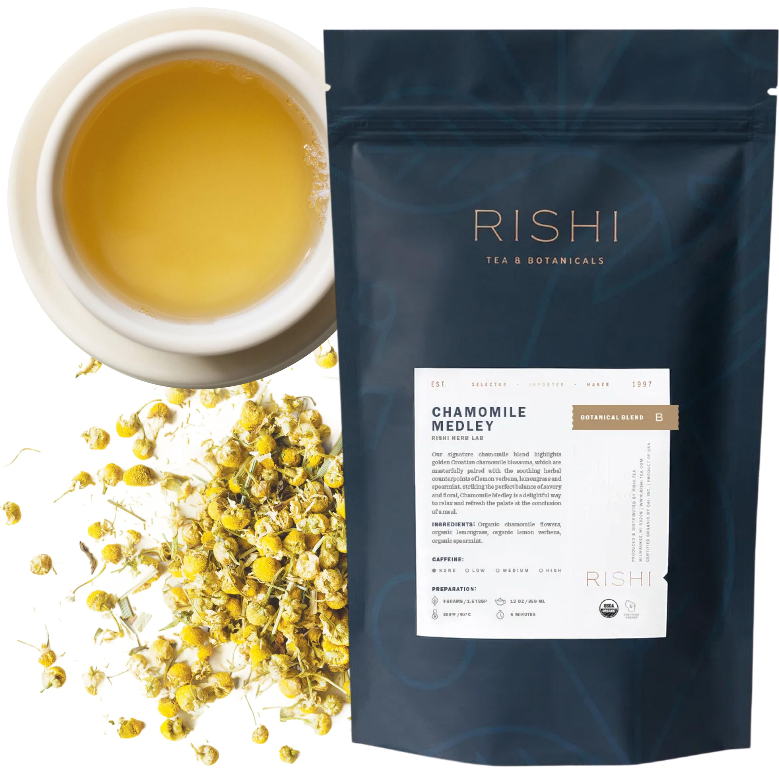 Rishi Chamomile Medley: Croatian chamomile blossoms for a calming floral aroma.