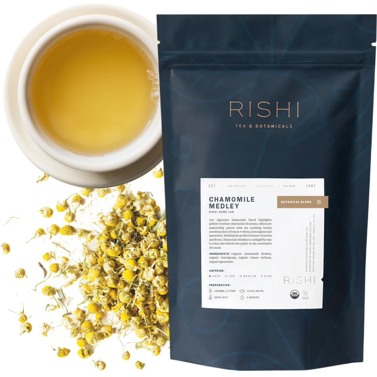 Rishi Chamomile Medley: Croatian chamomile blossoms for a calming floral aroma.