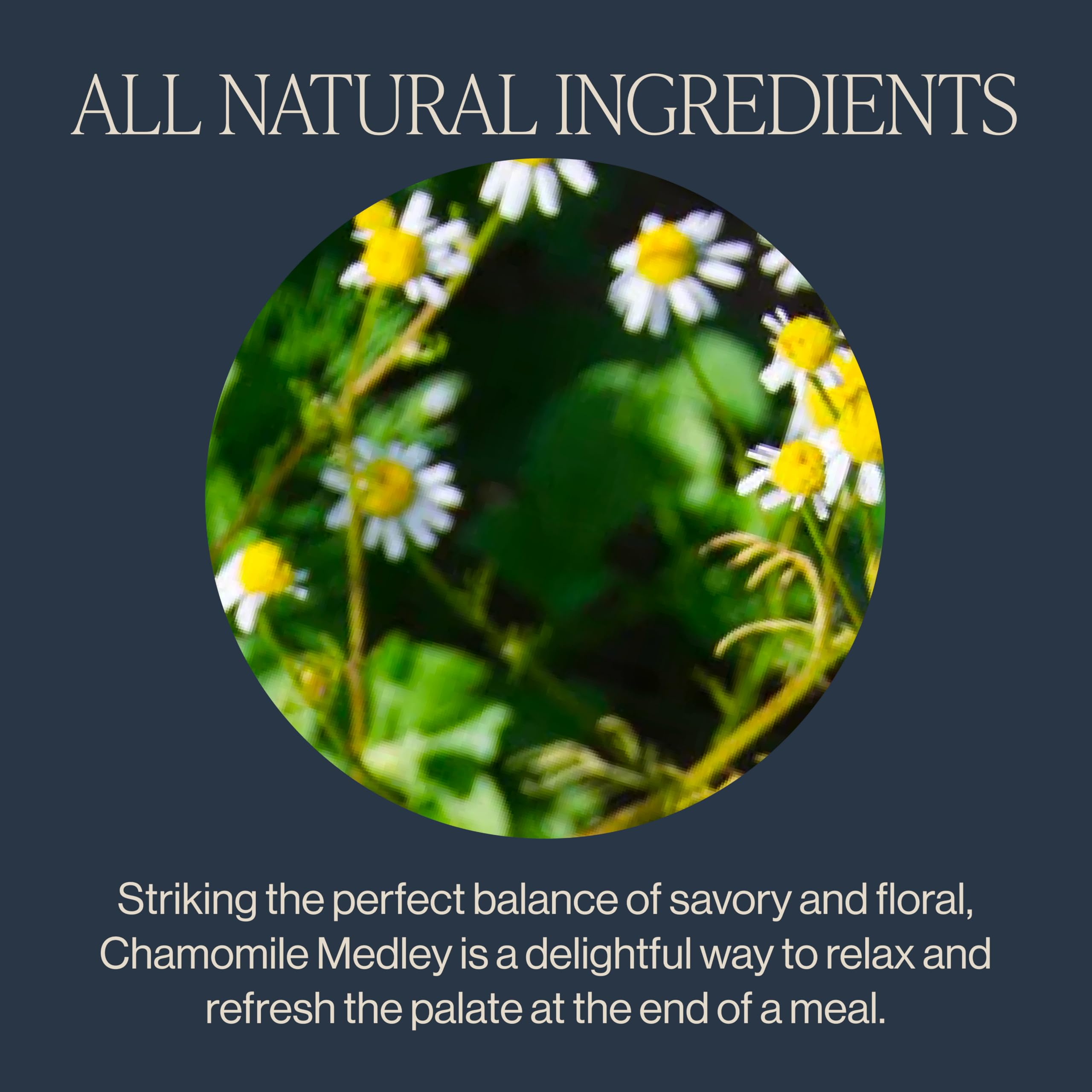 Mint and lemongrass blend in Rishi Chamomile Medley for refreshing flavor.