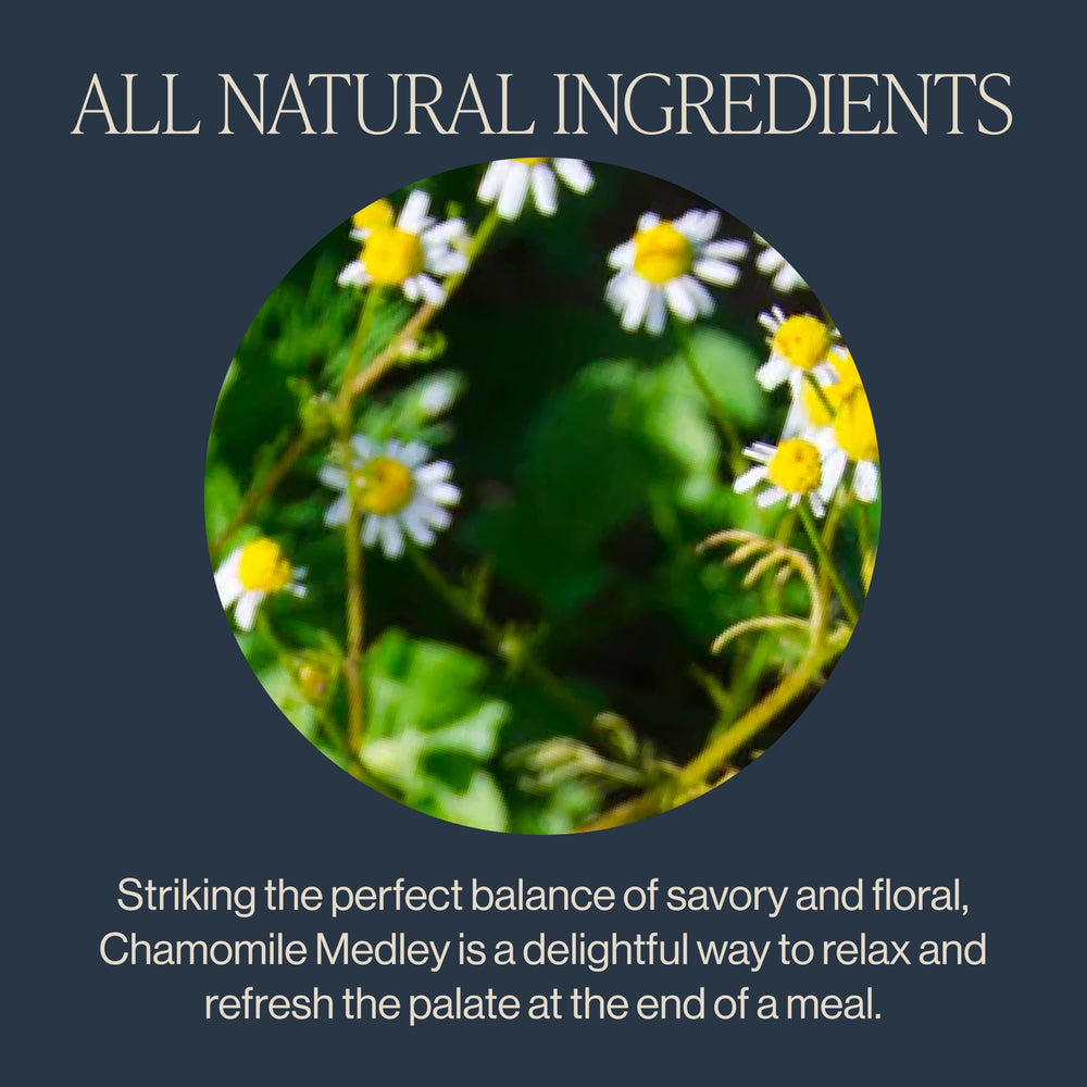 Mint and lemongrass blend in Rishi Chamomile Medley for refreshing flavor.