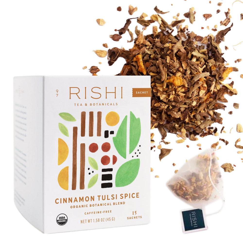 Rishi Tea Cinnamon Tulsi Spice tea bag ready to brew for a cozy moment