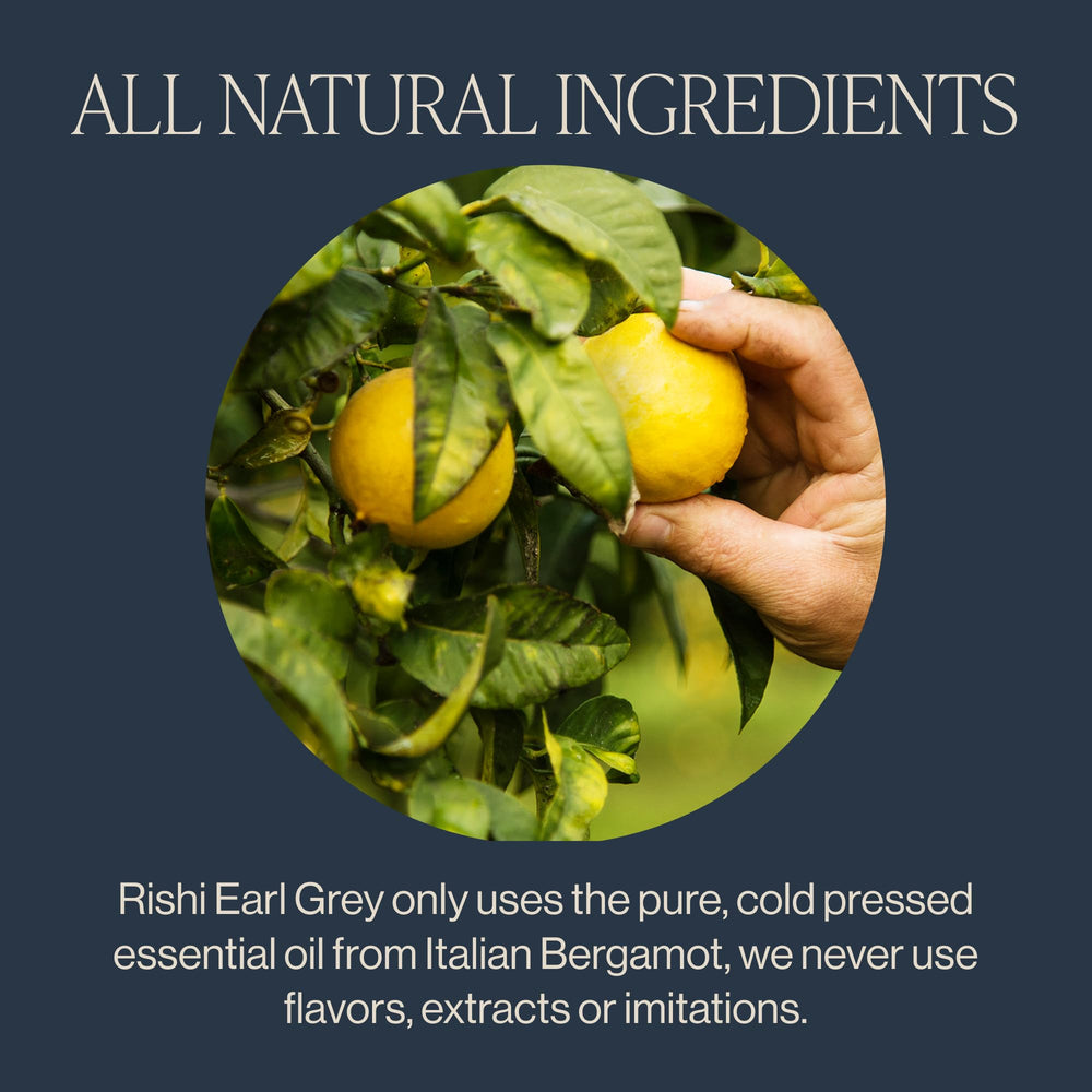 Rishi Tea Earl Grey cup steaming to convey a comforting, full-bodied flavor.