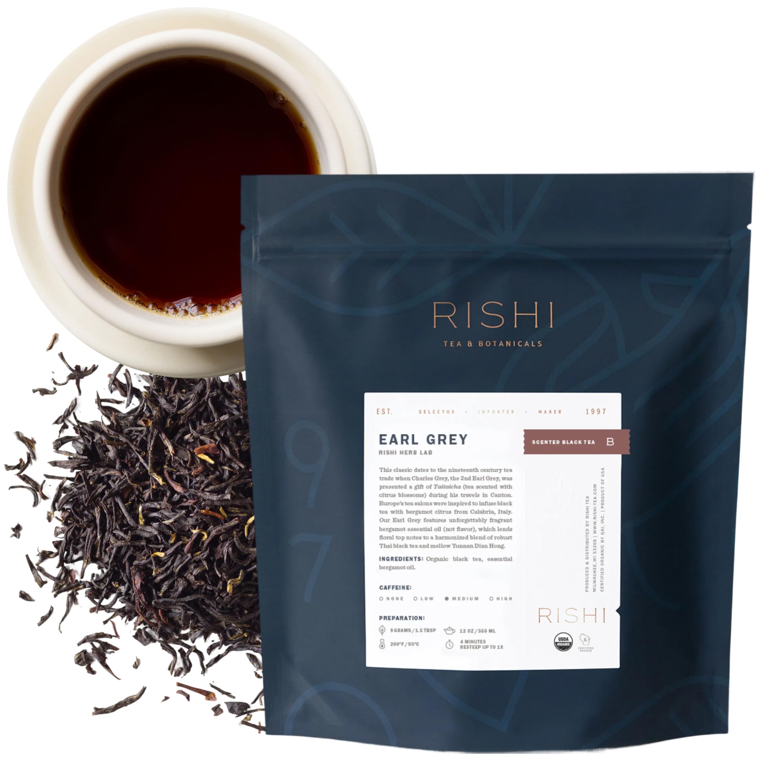 Rishi Tea Earl Grey loose-leaf brew with bergamot aroma for an energizing morning ritual.