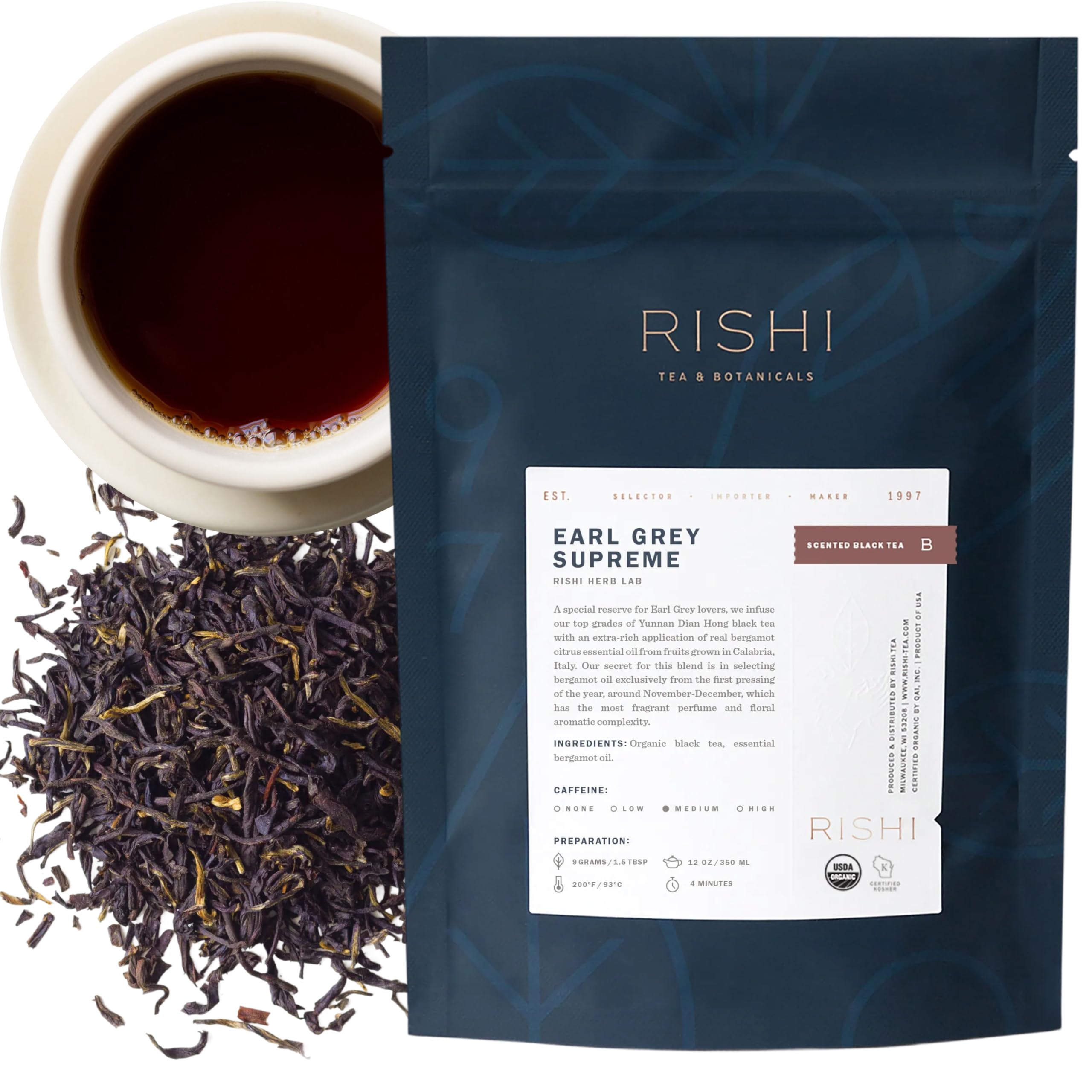 Rishi Tea Earl Grey Supreme loose leaf tea ready for a refined morning ritual