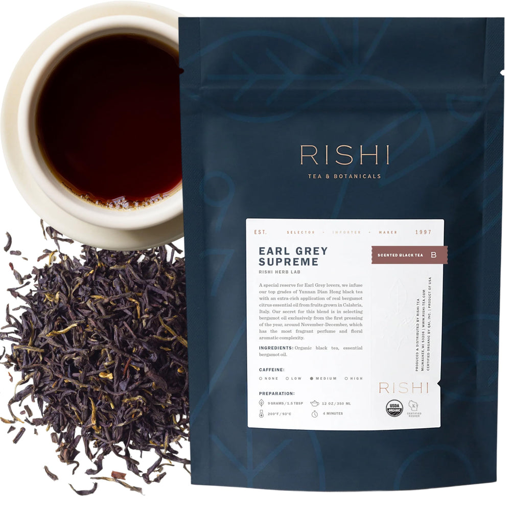 Rishi Tea Earl Grey Supreme loose leaf tea ready for a refined morning ritual