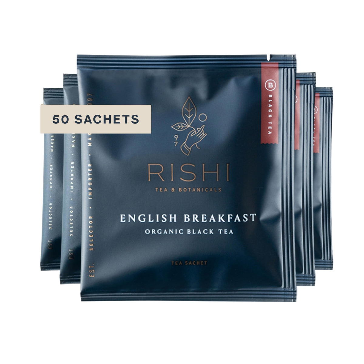Rishi Tea English Breakfast sachet bags deliver a bold, balanced morning cup.