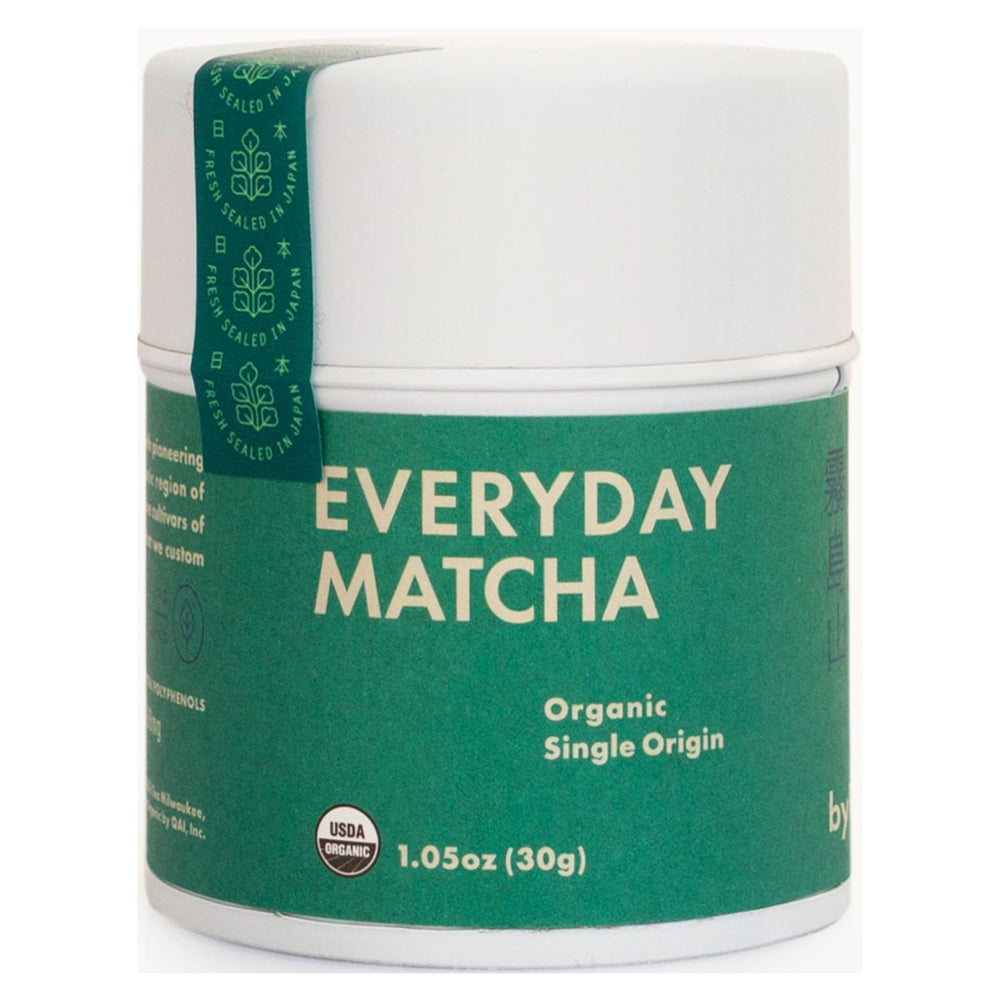 Rishi Tea Everyday Matcha tin front view, premium green powder ready to whisk