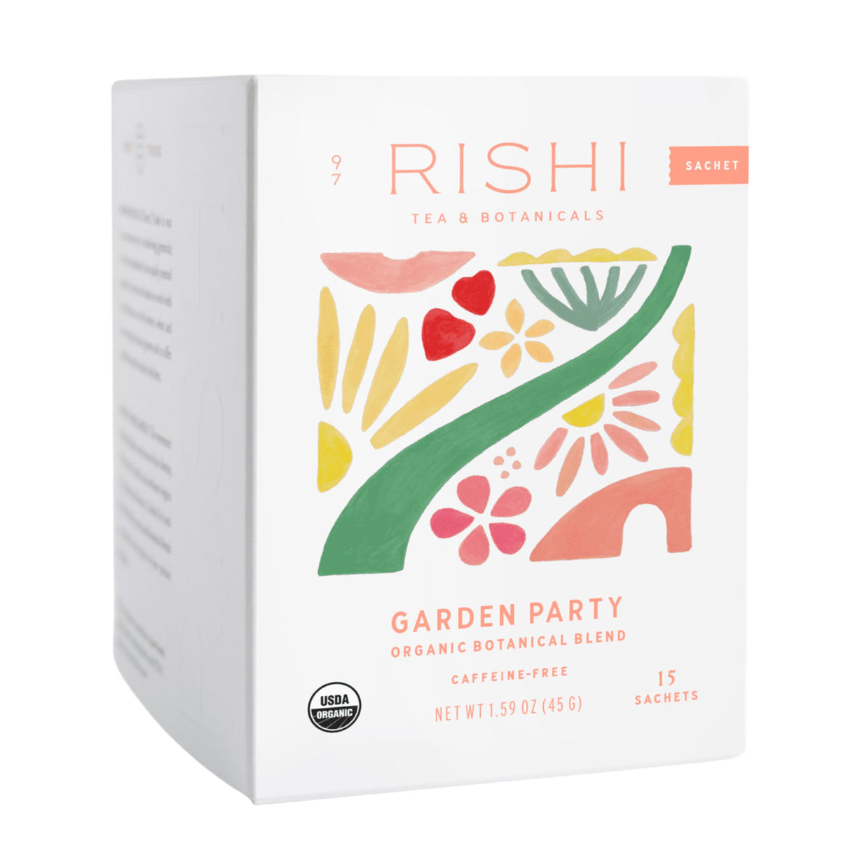 Rishi Tea Garden Party tea bag, ready to steep, caffeine-free herbal blend.