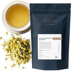 Rishi Tea Golden Chamomile Blossoms loose leaf for a calming caffeine-free infusion.