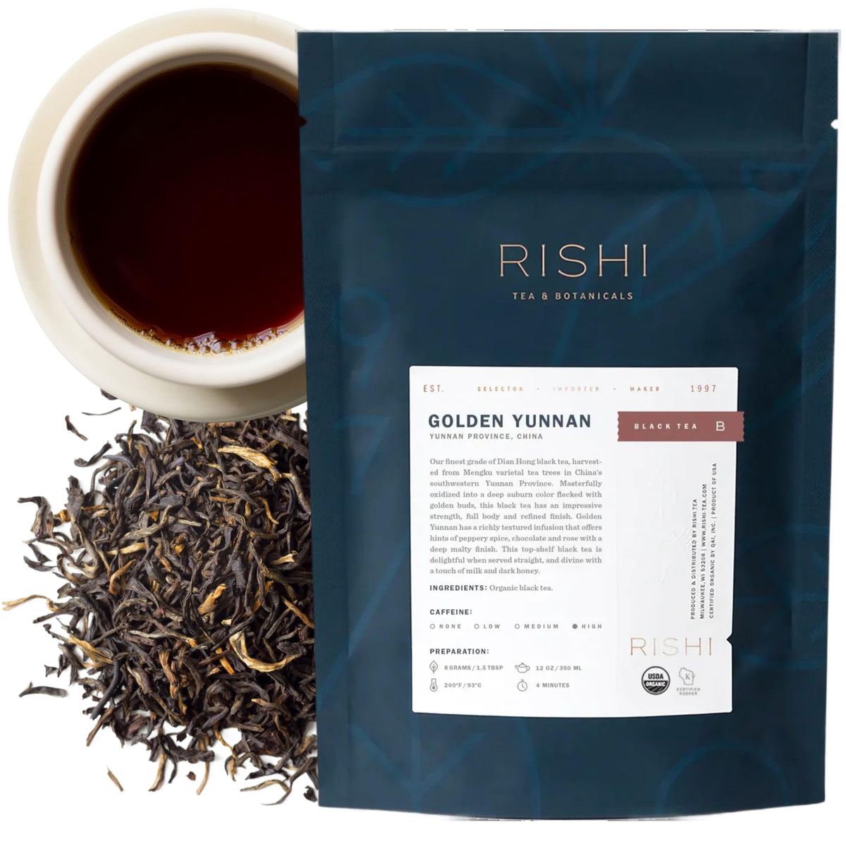 Rishi Tea Golden Yunnan loose-leaf tea with premium oxidized leaves for robust flavor