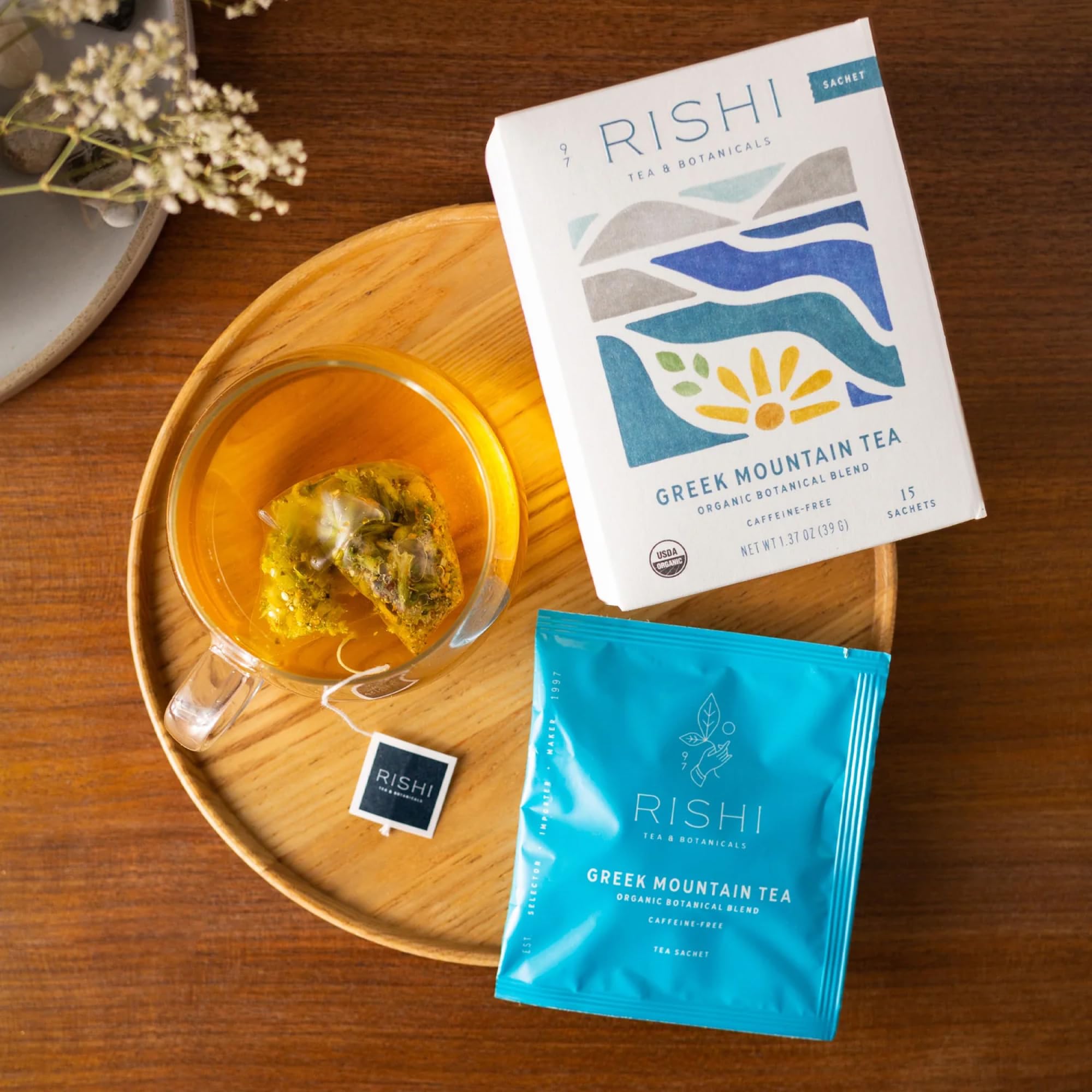 Rishi Tea Greek Mountain Tea label details including ironwort note and organic certification