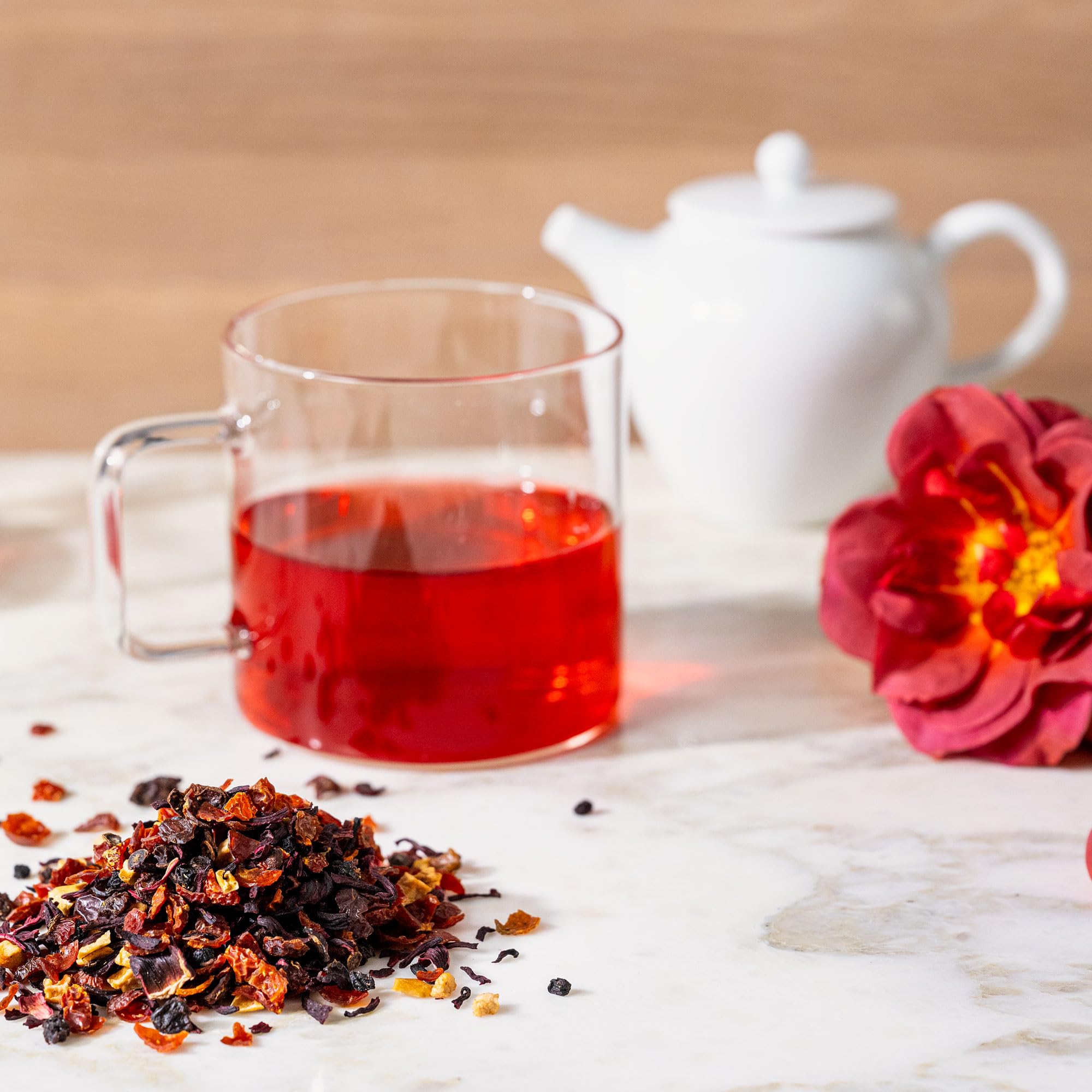 Rishi Tea Hibiscus Berry packaging communicates organic kosher and gluten-free ingredients.