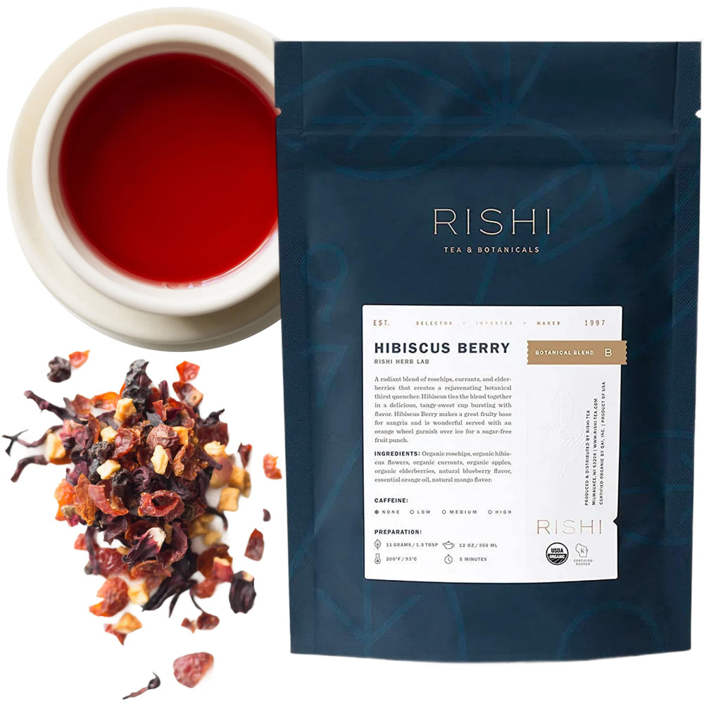 Rishi Tea Hibiscus Berry loose leaf brew presents a vibrant caffeine-free everyday option.