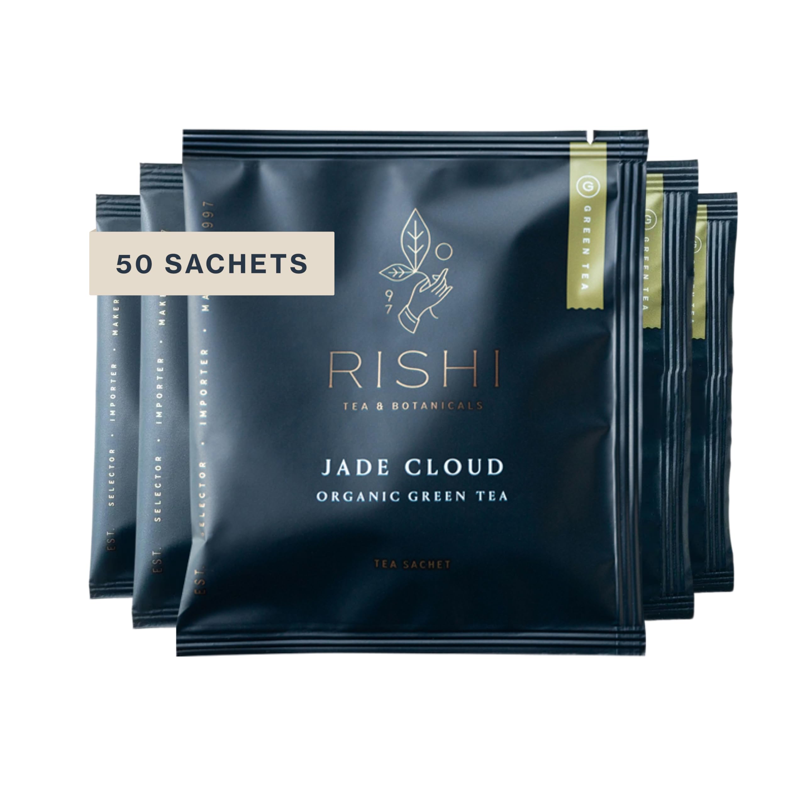 Rishi Tea Jade Cloud green tea packaging showing eco-friendly sachets for everyday brewing.