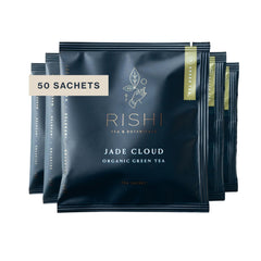 Rishi Tea Jade Cloud green tea packaging showing eco-friendly sachets for everyday brewing.