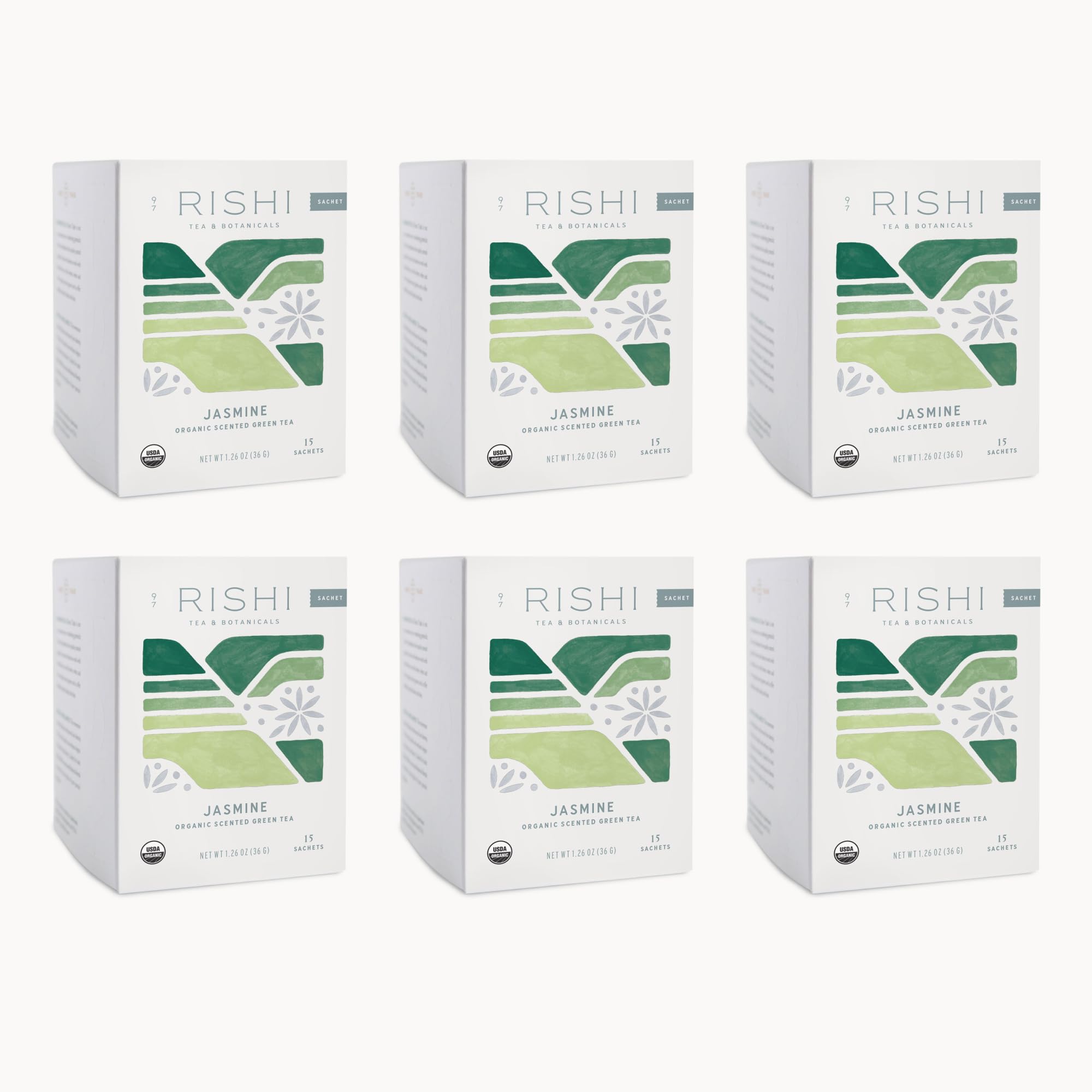 Rishi Tea Jasmine Green Tea in pyramid bags with jasmine aroma