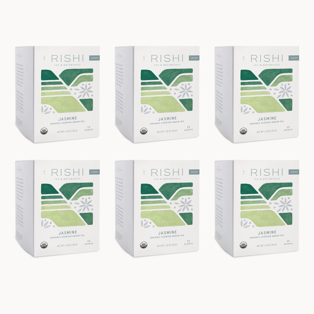 Rishi Tea Jasmine Green Tea in pyramid bags with jasmine aroma