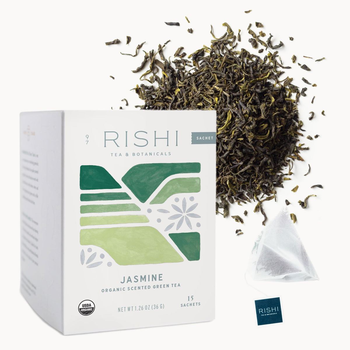 Rishi Tea Jasmine Green Tea bag packaging with organic sachets and aroma.