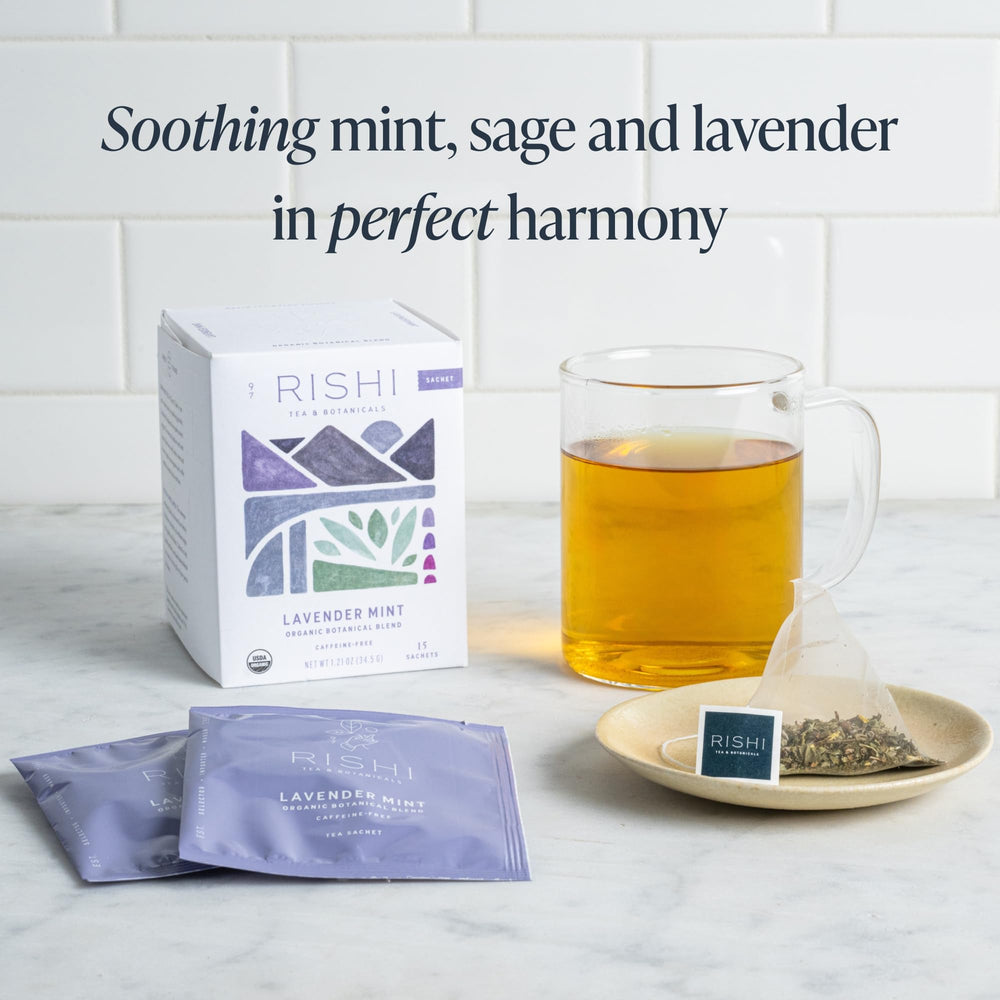 Dried lavender, sage, and peppermint from Rishi Tea Lavender Mint blend