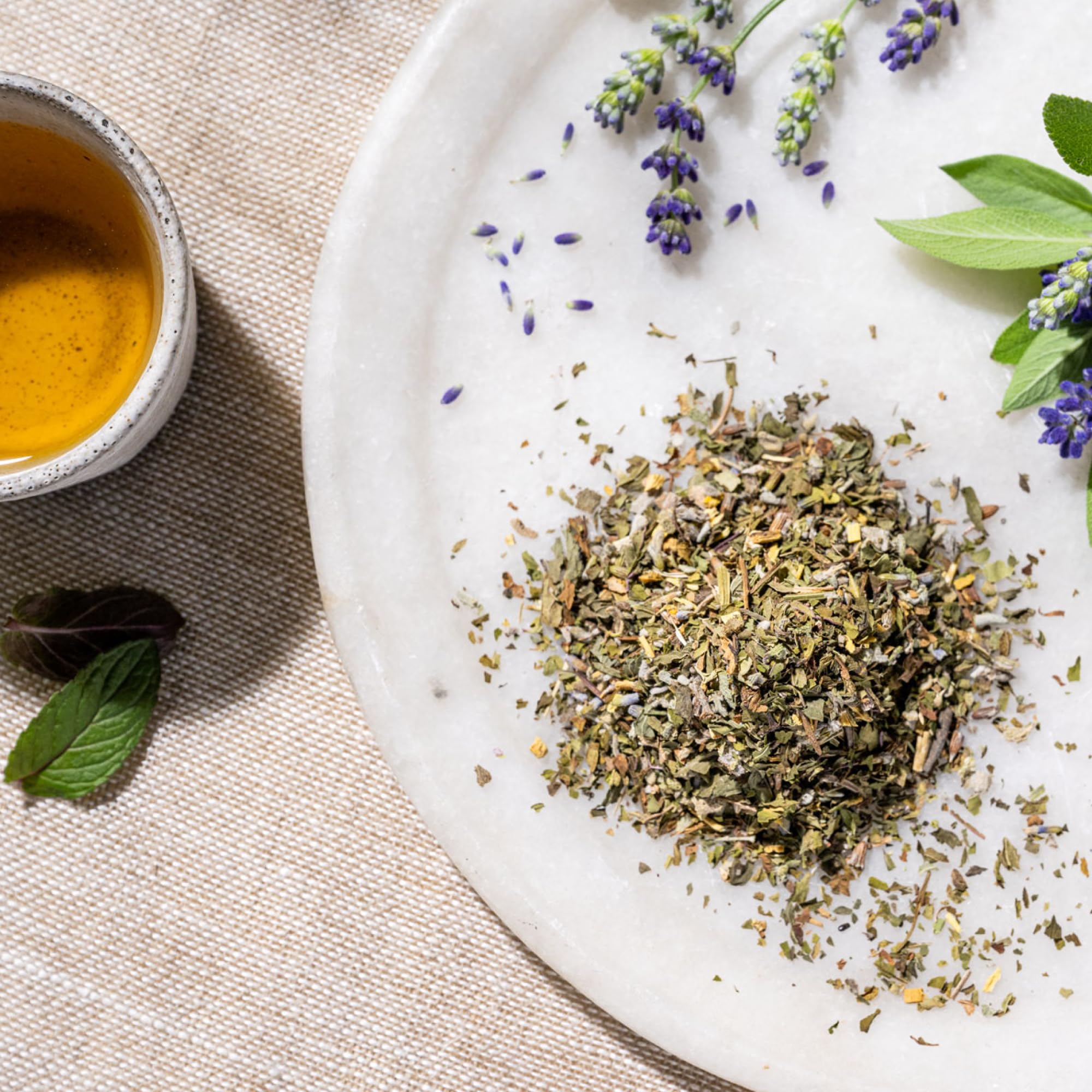 Rishi Tea Lavender Mint display with fresh herbs suggesting daily ritual