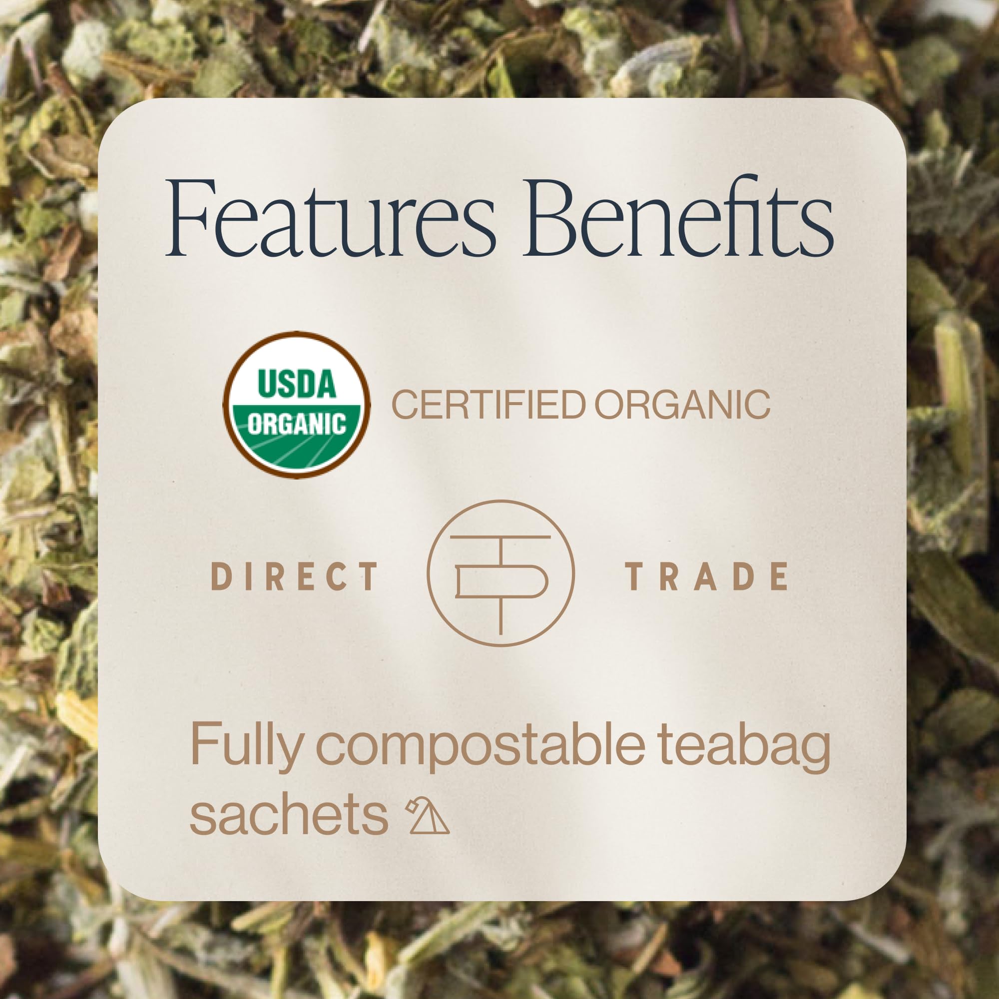 Closeup of Rishi Tea Lavender Mint sachet highlighting fragrant herbs