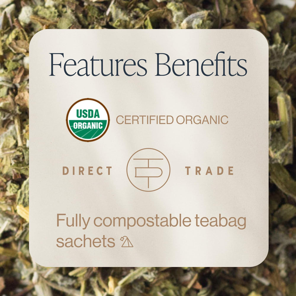 Closeup of Rishi Tea Lavender Mint sachet highlighting fragrant herbs